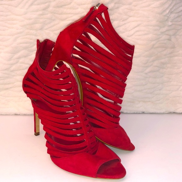 Zara Red Faux Suede Open Toe High-Heels Size 10 - Picture 1 of 11